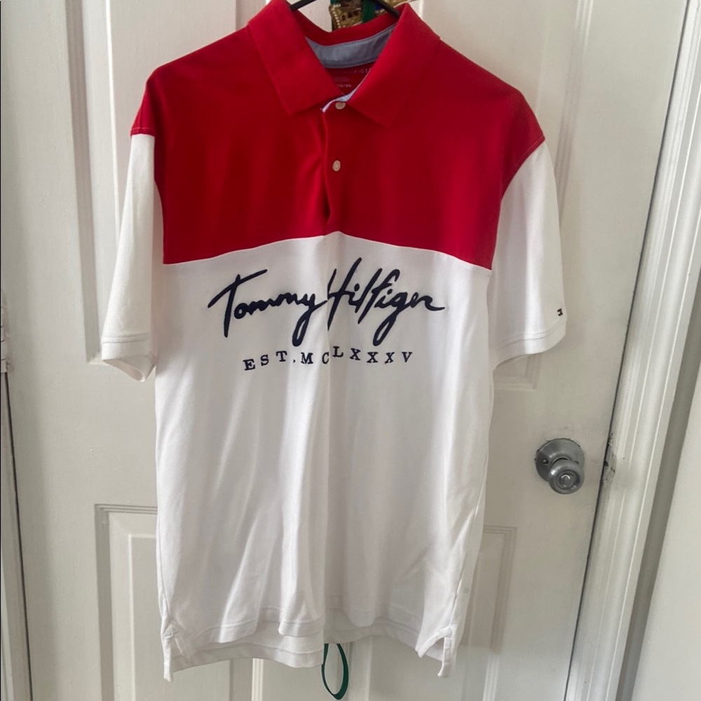 Tommy Hilfiger Red and White Colorblock Polo with Script Logo